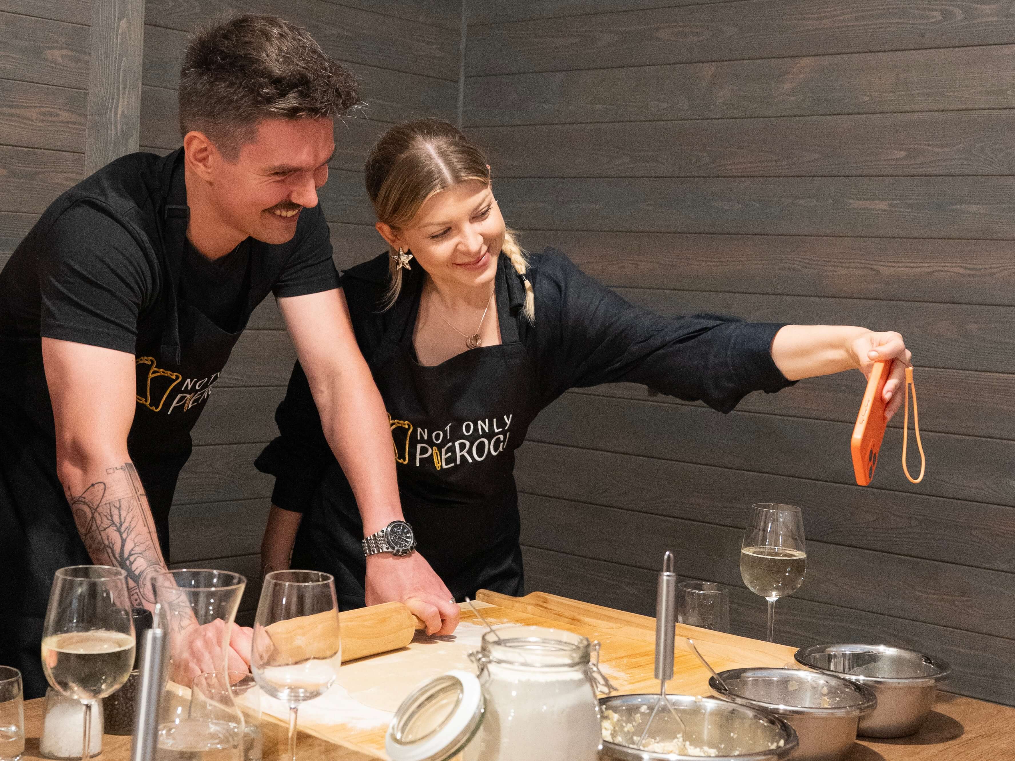 A couple during pierogi cooking class in Warsaw